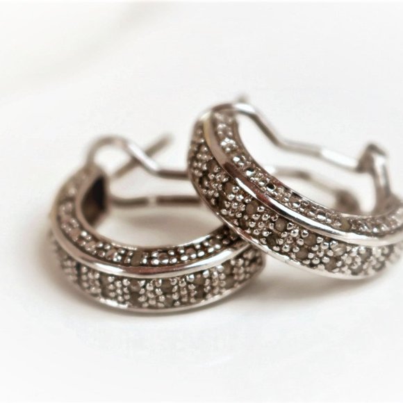 Vintage DBJ 925 Sterling Silver Rhinestone Half Hoop Earrings - Picture 2 of 4